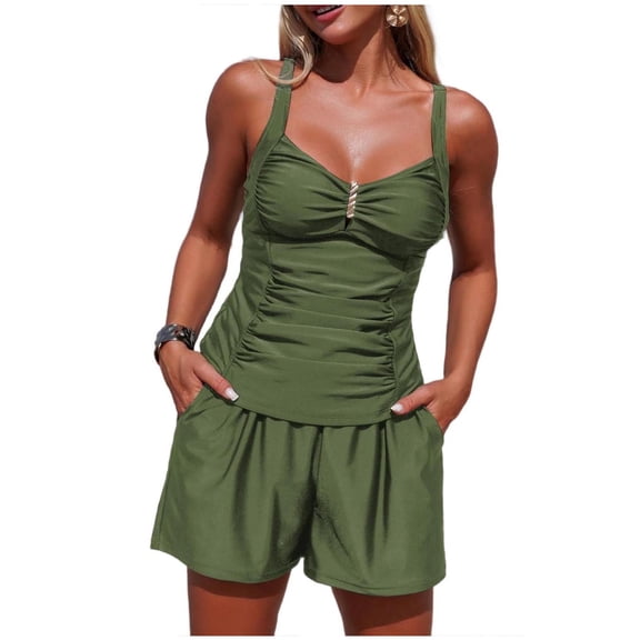 Bathing Suit for WomenSevevn Women's Tankini Swimsuit Tummy Control Ruched Two Piece Bathing Suit Push Up Modest Swim Suits with Shorts Army Green S