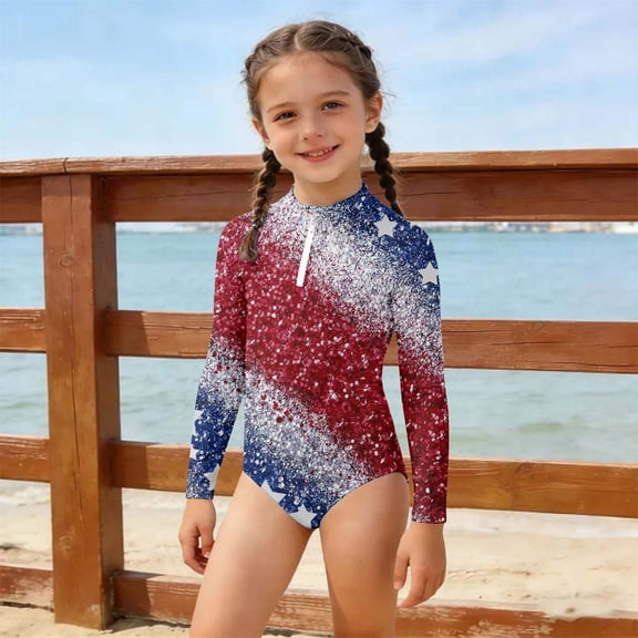 Bathing Suits for Girls Beachwear Girls Patriotic Print Half Zip Front Full Coverage Swimsuit Lightweight Sun Safe Modest Outfit for Kids Seaside Vacation Swimming Trips Multicolour 110