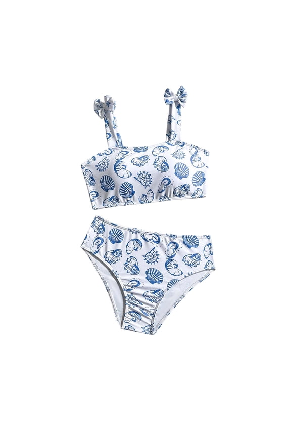 Bathing Suits for Girls Girls Youth Swim Two Piece Bikini Swimsuit Shell Print Spaghetti Strap Sleeveless Blue White Seashell Tankini White 9 Years-10 Years