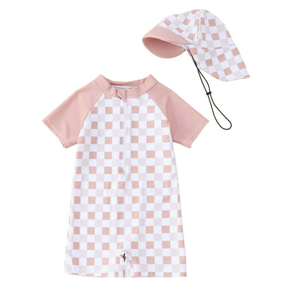 Bathing Suits for Teens Baby Toddler Boys Checkered One Piece Swimsuit Quick Dry Stretchy Fabric Swimwear with Hat Upf 50+ Boys Swimsuit Pink 2 Years-3 Years