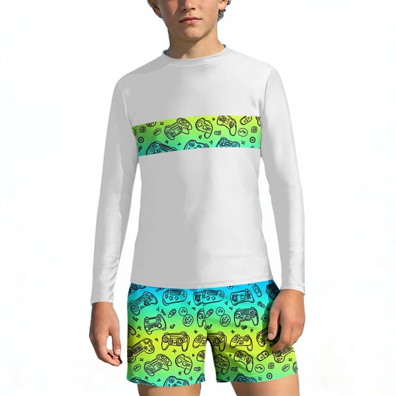 Bathing Suits for Teens Rash Guard Swimsuits Set for Boys Hawaiian Print Long Sleeve Swim Shirt with Swim Trunks Vacation Modest Two Piece Swim Set for 3-14Years