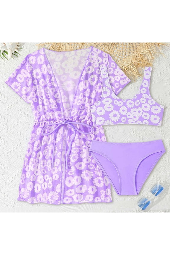 Bathing Suits for Teens Kids Teen Girl Fashion Flower Print Bikinis with Long Sleeve Breathable Thin Swim Coat Girls Swimsuits Purple 8 Years-9 Years