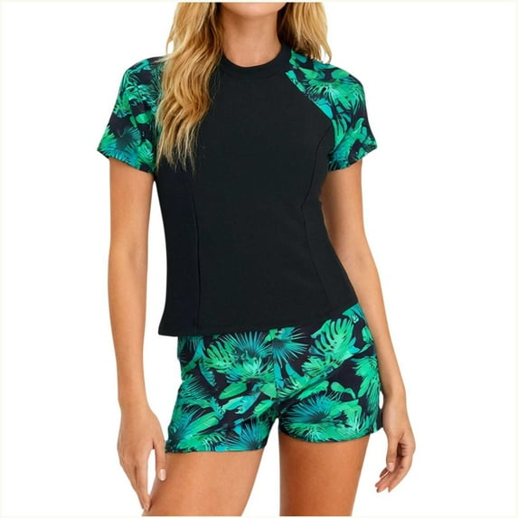 Bathing Suits for Women 2 Piece Surfing Swimsuits Rash Guard Modest Blouson Short Sleeve Swimwear(Black S)