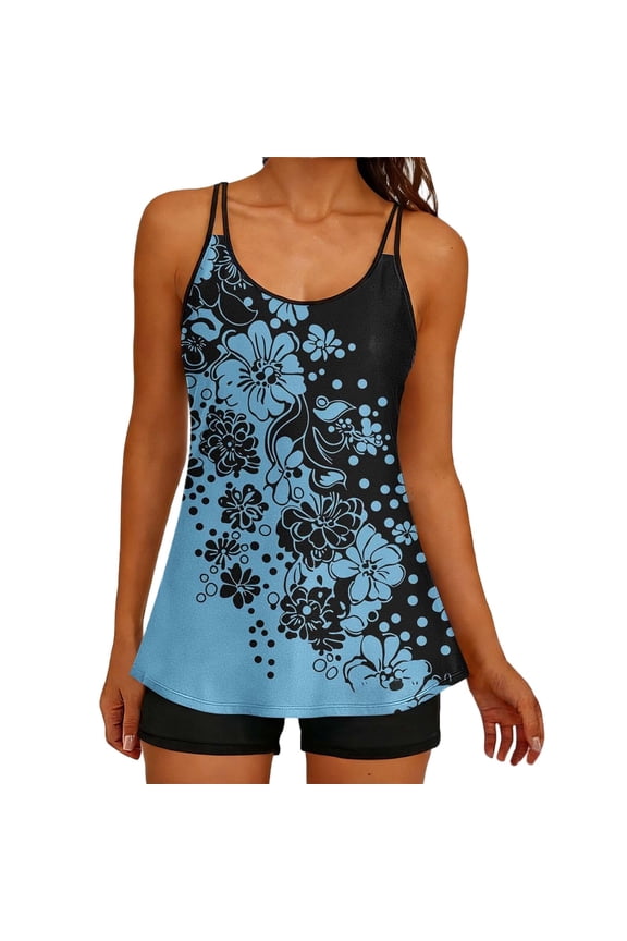Bathing Suits for Women Floral Adjustable Spaghetti Straps Blouse Swimsuit with Boyshort Tummy Control Modest Swimwear