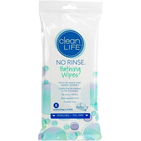 "Bathing Wipes by Cleanlife Products (5 Pack), Premoistened and Aloe Vera Enriched for Maximum Cleansing and Deodorizing - Microwaveable, Hypoallergenic and Latex-Free (8 Wipes)"