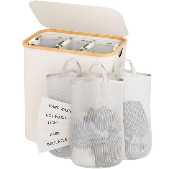 Bathola Laundry Hamper with Lid, 160L Dirty Clothes Hamper for Laundry Basket 3 Section, Extra Large Laundry Sorter Hamper 3 Compartment with Removable Inner Bags & Labels, Beige