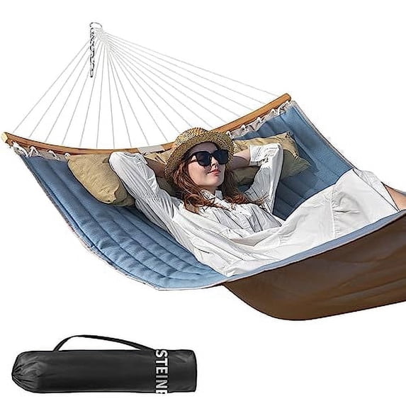 Bathonly 11 feet 2-Person Hammock Quilted Fabric with Pillow, 450 lbs Capacity, JeansBlue