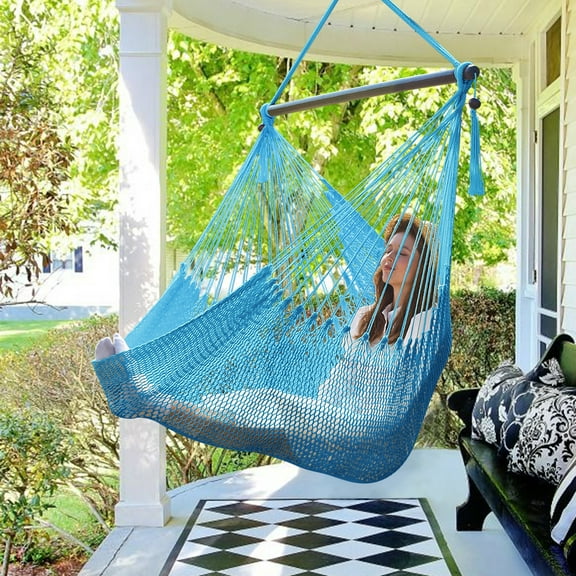 Bathonly Caribbean Hammock Swing Chair with Wood Spreader Bar, Outdoor Indoor, Max 330 lbs, Blue