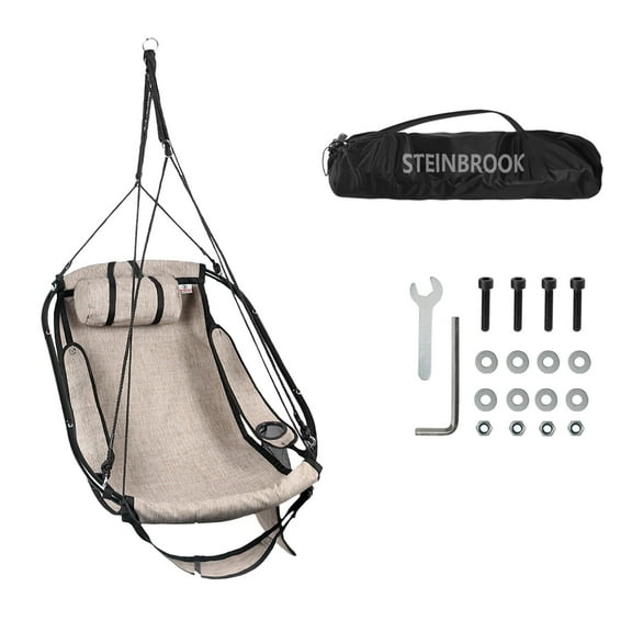 Bathonly Hammock Hanging Chair with Footrest, Sky Chair with Metal Bar and Side Pouch for Outdoor, Beige