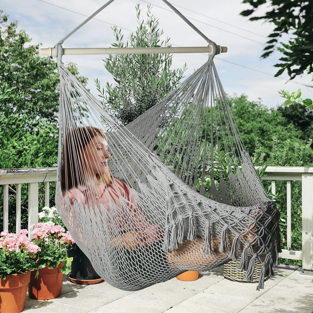 Bathonly Outside Handwoven Cotton Rope Hammock Chair with Metal Spreader Bar, Boho Hanging Chair.