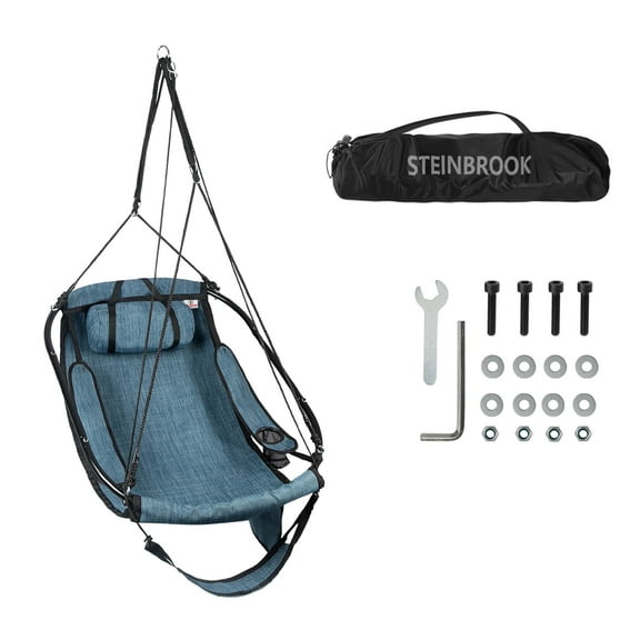 Bathonly Polyester Hammock Chair with Footrest, Max 330 lbs Capacity, Blue. G1-0018BU