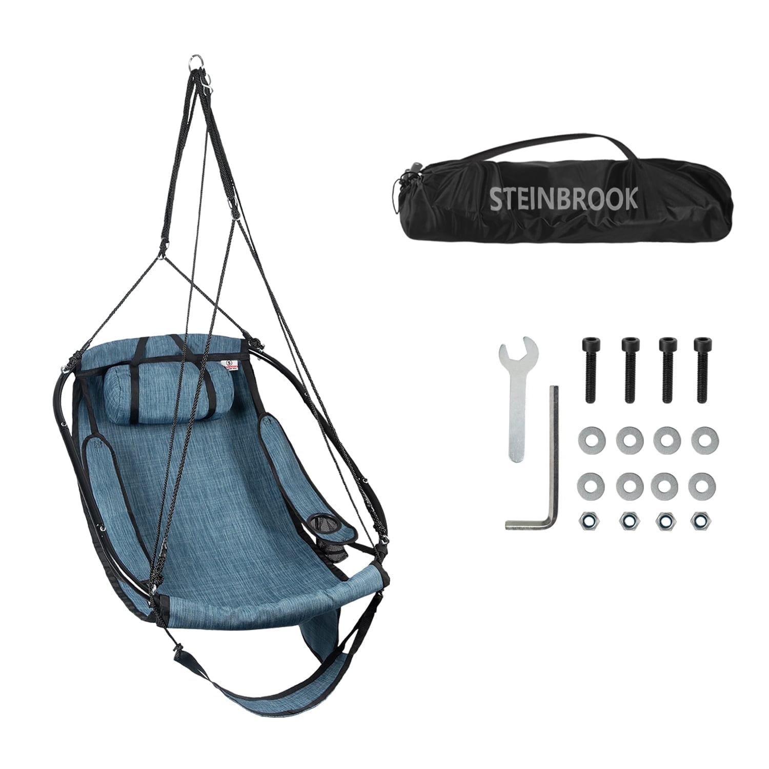 Bathonly Polyester Hammock Chair with Footrest, Max 330 lbs Capacity, Blue. G1-0018BU