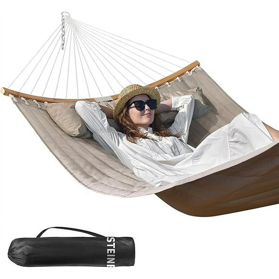 Bathonly Two-Person Quilted Fabric Hammock with Pillow, Foldable Spreader Bar, 450 lb Capacity, BlanchedAlmond