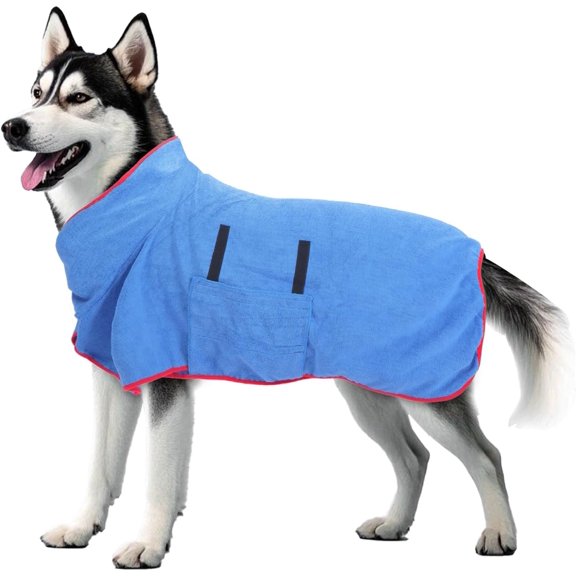 Bathrobe Towel Drying Coat, Super Absorbent Microfiber Pet Quick Drying Bath Robes, Warm Soft Pet Coat for After Bath Shower Swim Wet Walk, Adjustable Cloth for Small Middle Large Dogs (Blue, L)