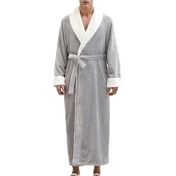 Bathrobe for Men Thickened Long Coral Velvet Long Sleeve with Pocket Sleepwear for Men,Grey,XL