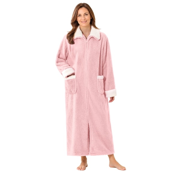 LOFIR Women's Zip Up Fleece Robe, Full Length Plush Bathrobe with Pockets and Contrast Trim, Pink LXL