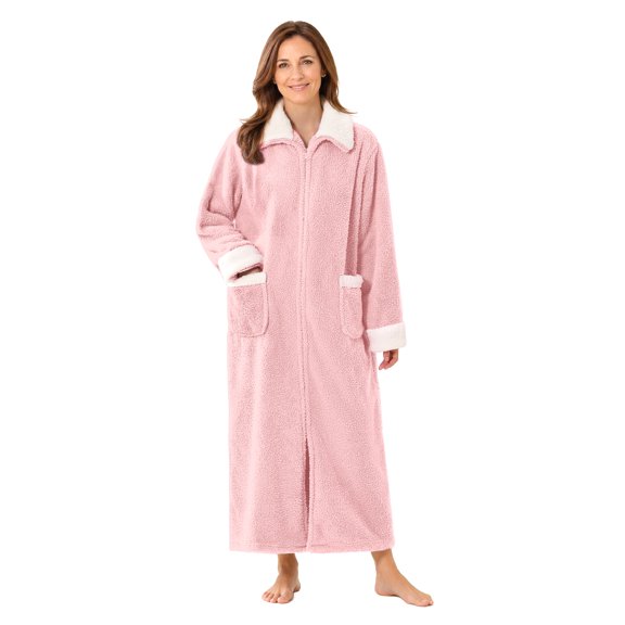 LOFIR Women's Zip Up Fleece Robe, Full Length Plush Bathrobe with Pockets and Contrast Trim, Pink LXL