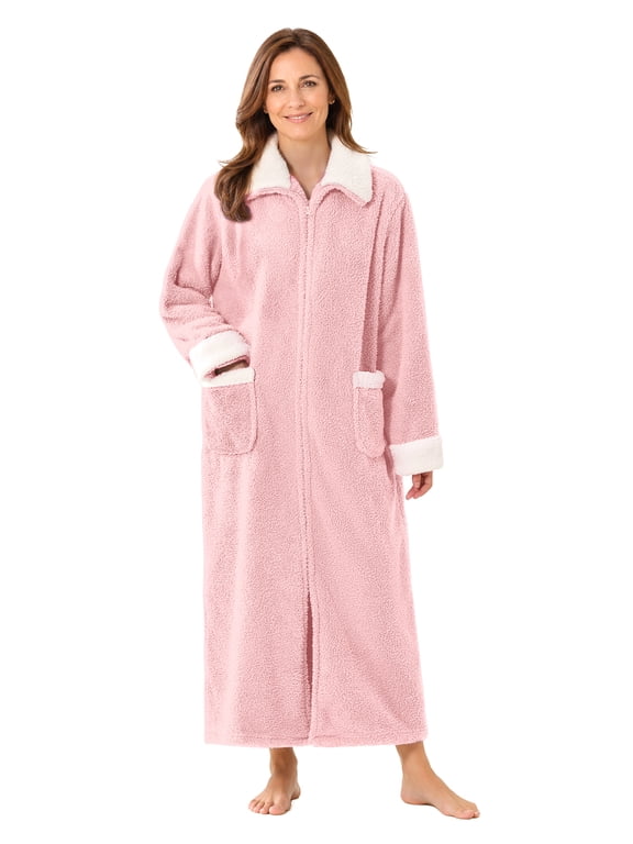 Women's Zip Up Fleece Robe, Full Length Plush Bathrobe with Pockets and Contrast Trim, Pink LXL