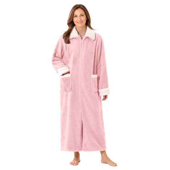 LOFIR Women's Zip Up Fleece Robe, Full Length Plush Bathrobe with Pockets and Contrast Trim, Pink LXL