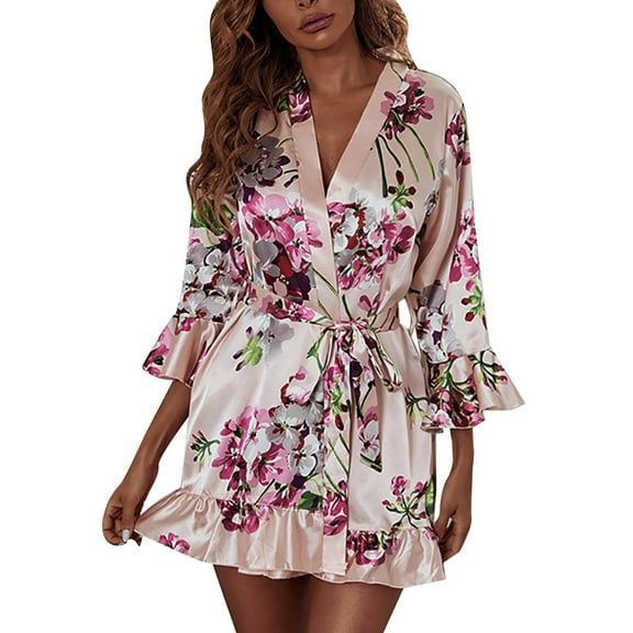 Bathrobe for Women Satin Printed Long Sleeve Lace With Belt Womens Pjs Sets,A,M