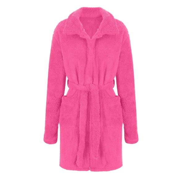 Bathrobe for Women Warm Plush Long Sleeve Mid Length Robes Soft Shower Spa Sleep Robes with Pockets Hot Pink L
