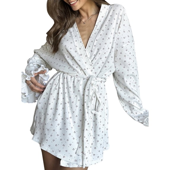 Bathrobe for Women Y2k Heart Print Ruffled Long Sleeve Soft Lightweight Kimono Loungewear with Belt