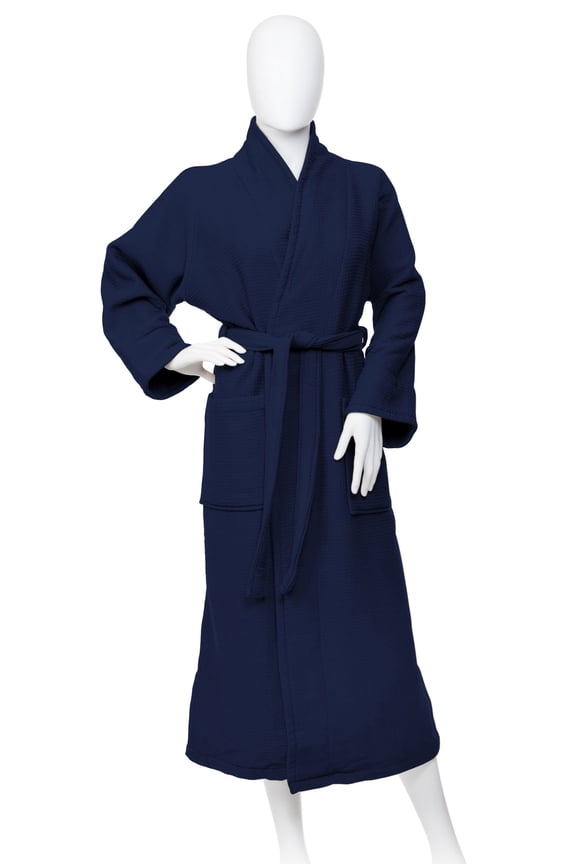 Bathrobe for Women and Man Soft Cotton Waffle Weave Lightweight SPA Robe 6 Color Navy Blue / Small