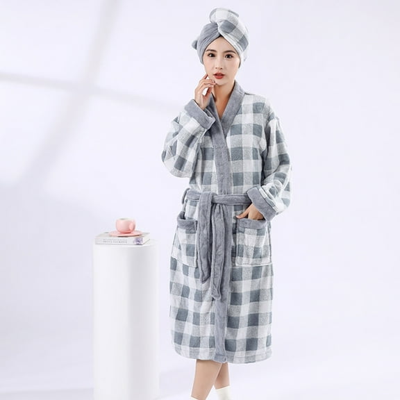 Bathrobes For Women Fleece Fuzzy Plush Nightgown With Show Hat Thermal Soft Plaid Winter Home Wear With Pockets (Free Size, Gray)