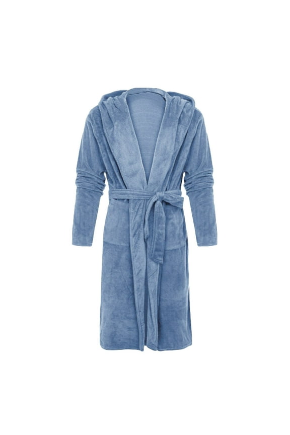 Bathrobes Men Fleece Solid Casual Waist Tie Cardigan Pocket Long Sleeve Hooded Bathrobe Blue,L