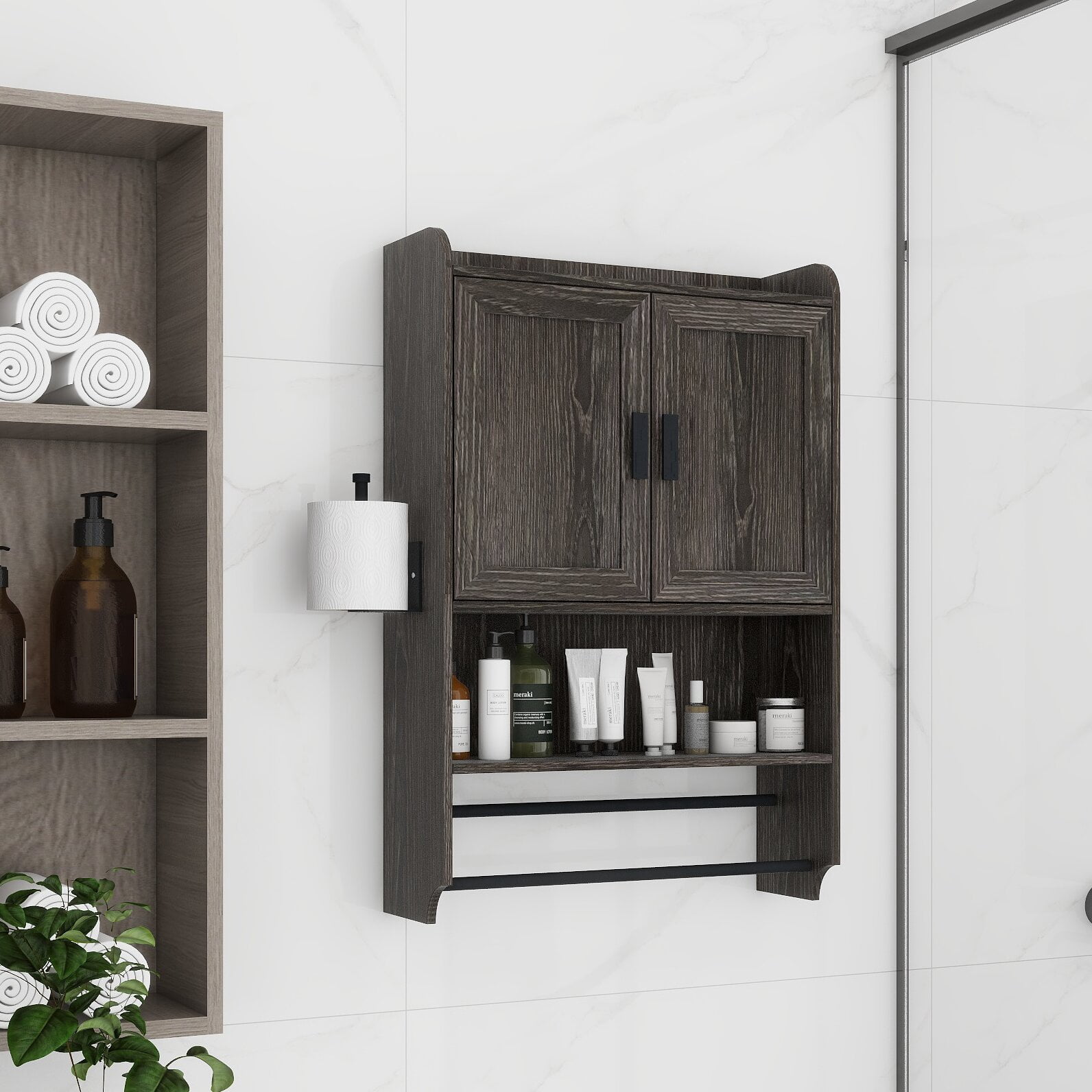 DWELL Dark Grey 22" Bathroom Wall Medicine Cabinet with Doors, Adjustable Shelf, Towel Bar, and Paper Holder