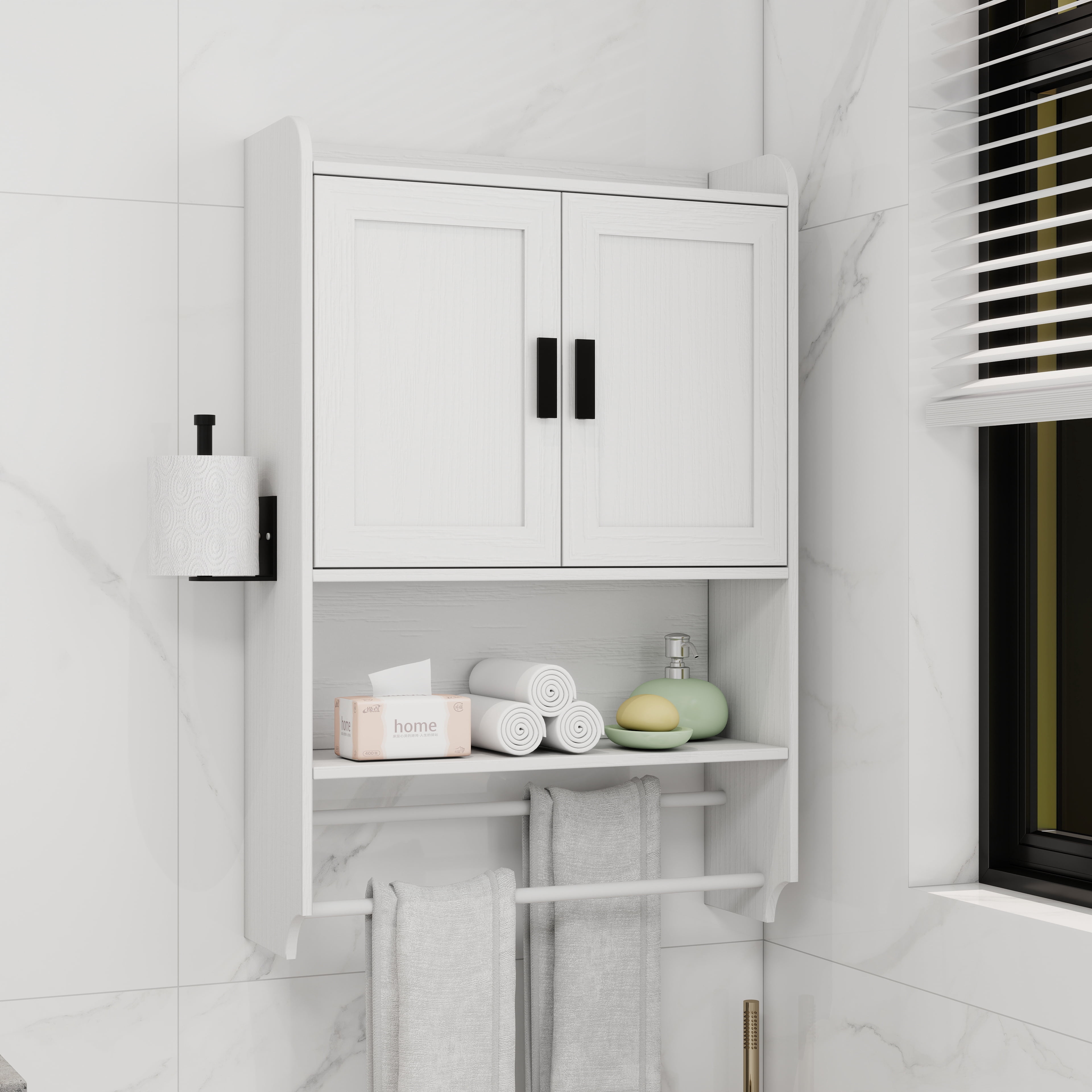 Bathroom 22" Wall Medicine Cabinet with Doors, Adjustable Shelf, Towel Bar and Paper Holder for Bathroom, Living Room, White