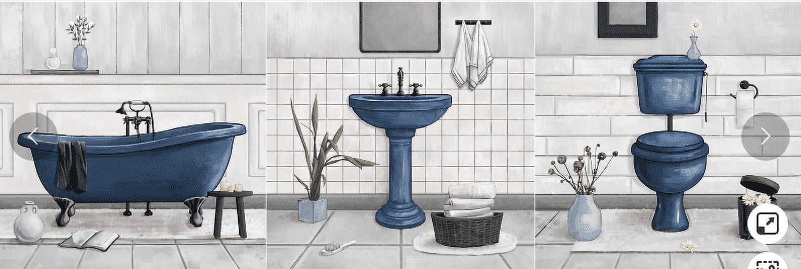 Bathroom 3 Piece 12 x 12 inch Framed Wall Art Set Deep Blue