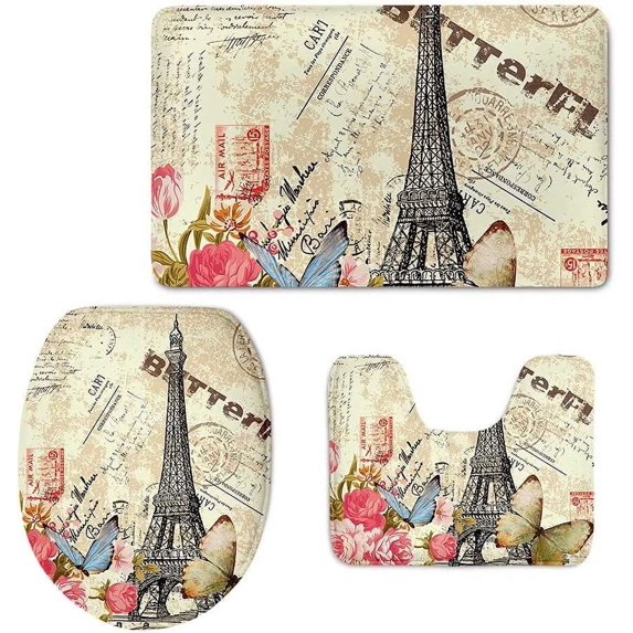 Bathroom 3 Piece Bath Rugs Set for Home Decoration Vintage Paris Eiffel Tower Butterfly Floral Design Flannel Carpets