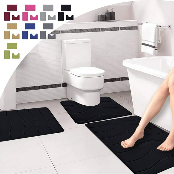 Bathroom 3 Piece Set, Home Solid Color Bath Mats 21 Set with U-Shaped Toilet Rug Toilet Non-Slip Bath Rugs for Microfiber Shaggy Absorbent Bathroom Rugs Machine Washable Bathroom Rugs