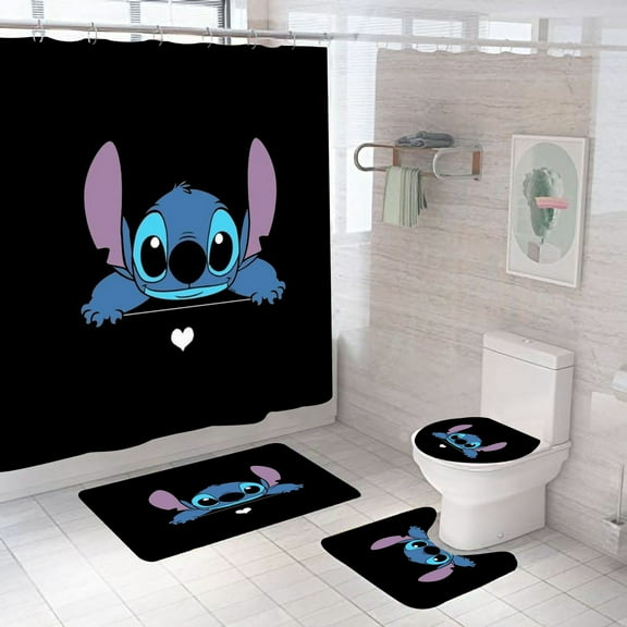 Stitch Shower Curtain, Bathroom 4 Pieces Set Toilet Lid Cover and Bath Mat, Non-Slip Rugs, Durable and Waterproof, for Bathroom Decor Set, 72" x 72"