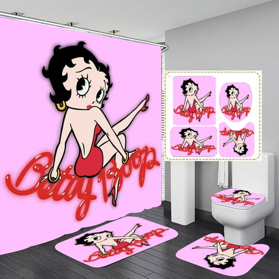 Bathroom 4 Pieces Set Toilet Lid Cover and Bath Mat, Non-Slip Rugs, Betty Boop Shower Curtain Durable and Waterproof, for Bathroom Decor Set, 72" x 72"