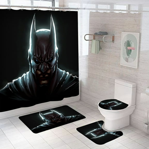 Bathroom 4 Pieces Set Toilet Lid Cover and Bath Mat, Non-Slip Rugs, Batman Shower Curtain Durable and Waterproof, for Bathroom Decor Set, 72" x 72"