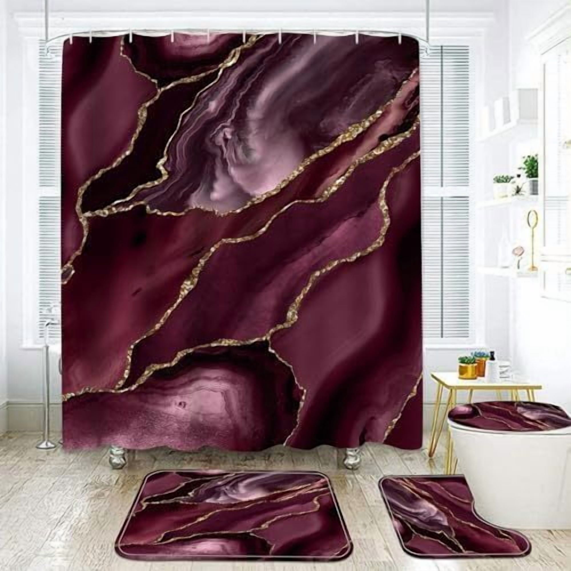 Bathroom 4pcs Black Gray Marble Shower Curtain with Bathroom Carpet Set