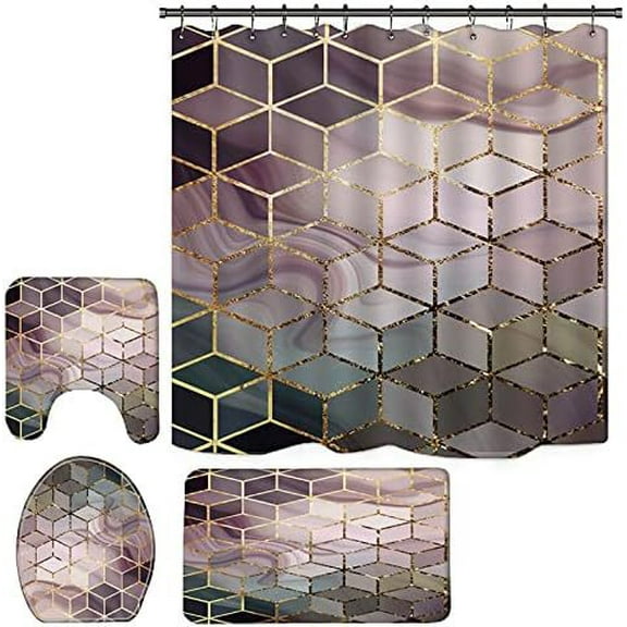 Bathroom 4pcs Black Gray Marble Shower Curtain with Bathroom Carpet Set