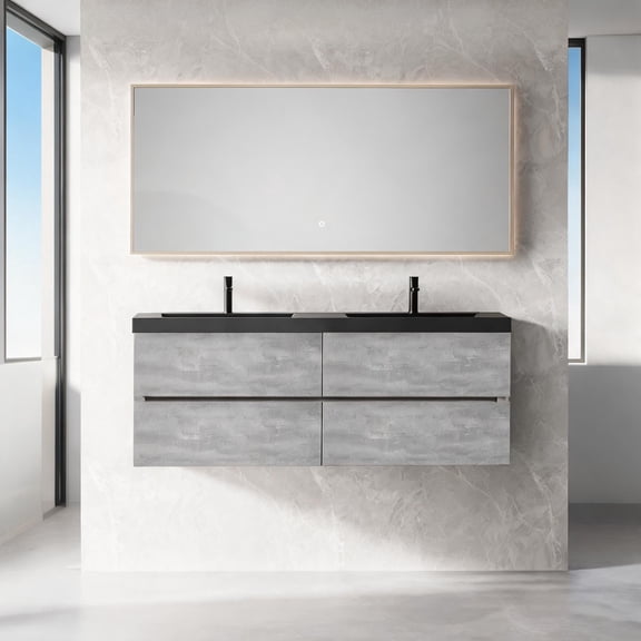 Bathroom 60-Inch Wall-Mounted Floating Vanity, Double Basin Storage Slate Gray Engineered Wood