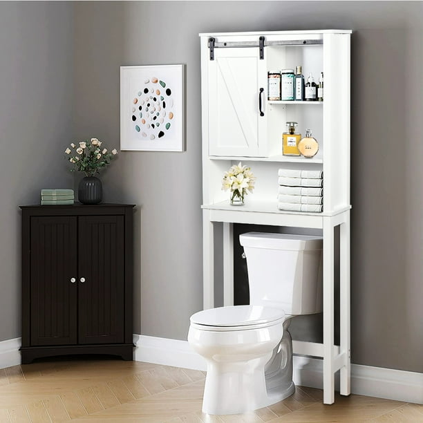 Over The Toilet Storage Cabinet with Adjustable Shelves and A Barn Door White