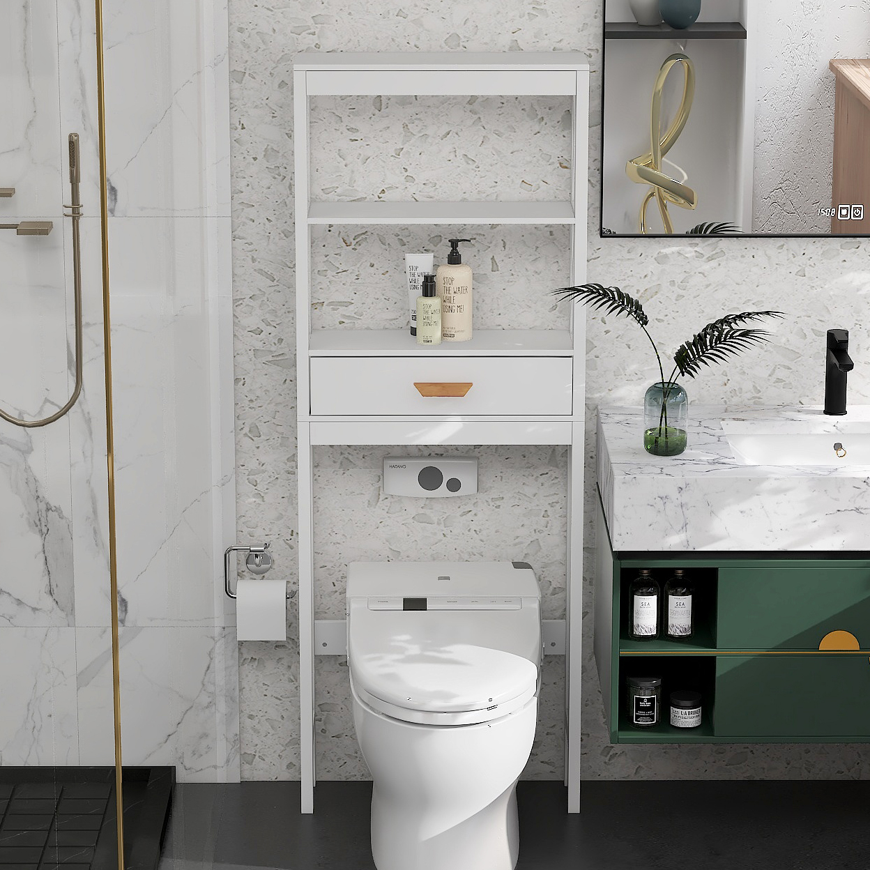 Bathroom Above Toilet Cabinet, White MDF Storage Cabinet, Bathroom Storage Space Saver with One Drawer & Two Open Shelves, Over The Toilet Storage for Bathroom, K2509 - image 1 of 9