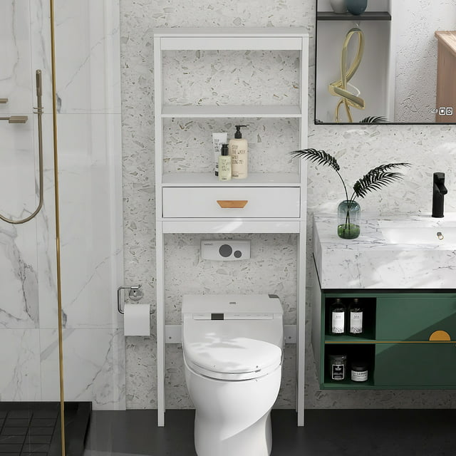 Bathroom Above Toilet Cabinet, White MDF Storage Cabinet, Bathroom Storage Space Saver with One Drawer & Two Open Shelves, Over The Toilet Storage for Bathroom, K2509