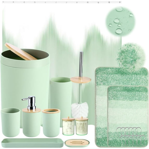 Bathroom Accessories Bathroom Sets with Shower Curtain and Rug, Black Waterproof Shower Curtain with Ultra Absorbent Rug Bathroom Accessories Set for Home Decor- Green