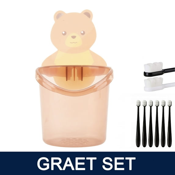 Bathroom Accessories Bear Hugs Toothbrush Holders with 6pcs Toothbrushes Toothpaste Storage Rack Bathroom Wall Mounted Drain Bear Storage Cup Kids Toothbrush Holder Set, Brown