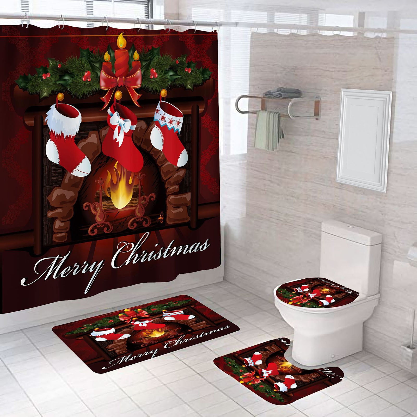 Bathroom Accessories Qwtwty 4Pcs Christmas Bathroom Sets with Shower ...