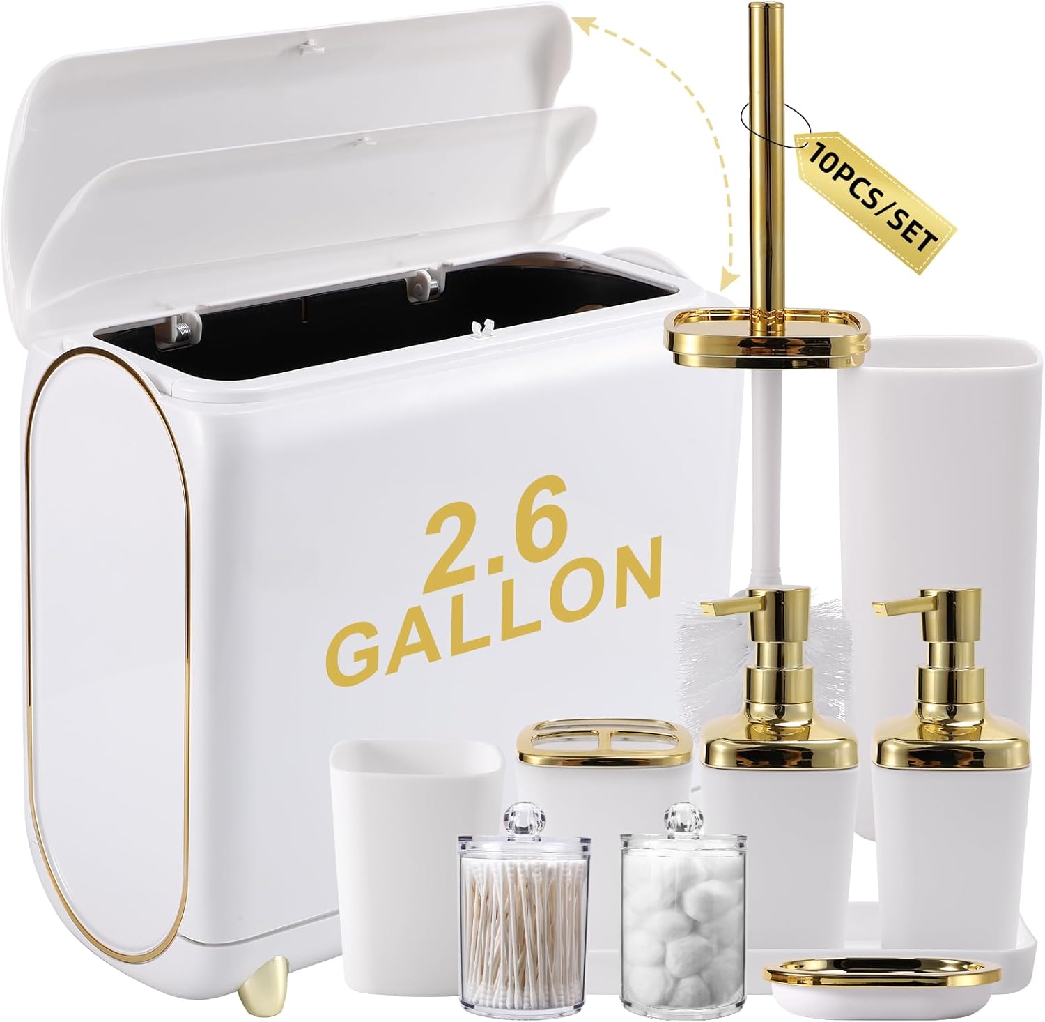Bathroom Accessories Set, 10 Pieces White and Gold Bathroom Set, Bathroom Accessory Set with Slim Trash Can,Soap Dispenser,Toilet Brush,Toothbrush Set, Qtip Holders for Housewarming - Walmart.com