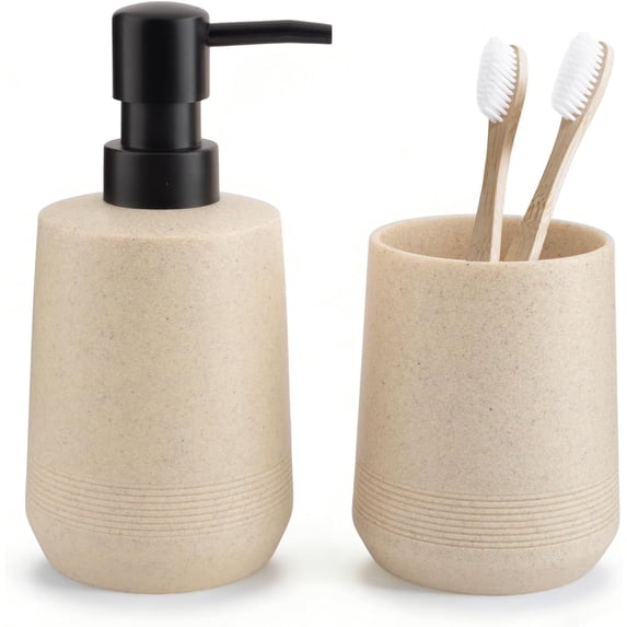 Bathroom Accessories Set, 2 Piece Resin Bathroom Accessory Set with Soap Dispenser and Toothbrush Holder for Modern Bathroom Decor (Beige)