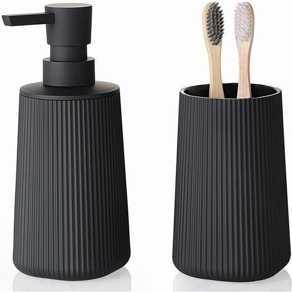 Bathroom Accessories Set 2 Piece Soap Dispenser and Toothbrush Holder for Bathroom Countertop Striped Black