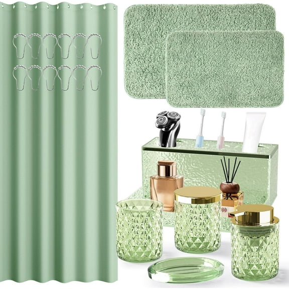Bathroom Accessories Set - 20PCS Green Glass Bathroom Set with Shower Curtain and Rugs, Soap Dispenser, Soap Dish, Cup, Qtip Jar, Toothbrush Holder, Stylish & Functional Bath Decor for Home, Apartmen
